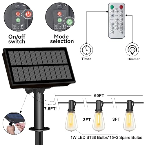60FT Solar String Lights Outdoor Weatherproof with Remote, Solar Powered LED Edison Bulb 15 Sockets Outdoor String Lights for Outside Patio Backyard Fence Halloween Christmas Decorations