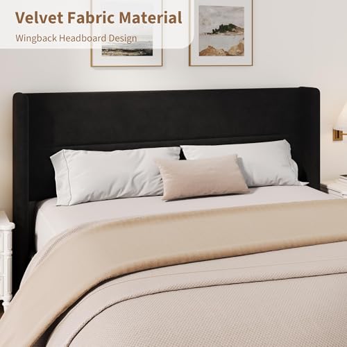 King Size Bed Frame with Wingback Headboard, Velvet Upholstered BedFrame, view 4