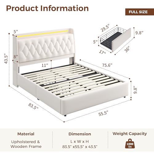 Full LED Velvet Bed Frame with 2 Storage Drawers&Hidden Headboard, view 3