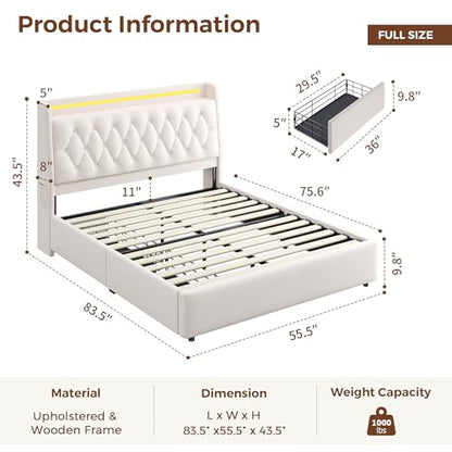 Full LED Velvet Bed Frame with 2 Storage Drawers&Hidden Headboard, view 3