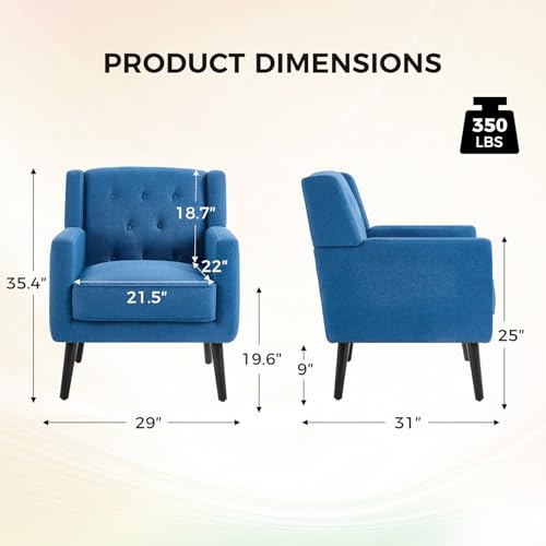 Accent Chair Set of 2, Comfy Reading Chair, Mid Century Modern Chairs, Tufted Upholstered Living Room Chair, Overstuffed Single Sofa Chair for Bedroom Waiting Room, Blue