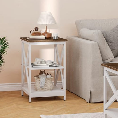 Living Room Coffee Table Set of 3, Industrial X-Design Coffee Table and 2 End Side Tables, 3 Piece Living Room Table Set with Large Storage for Apartment Home (White+Walnut Brown)