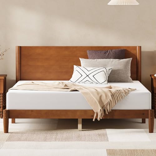 Solid Wood Queen Bed Frame, Mid Century Bed with Headboard, Brown, view 2