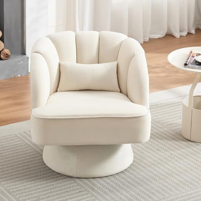 Modern Swivel Barrel Accent Chair, 360 Degree Velvet Upholstered Armchair with Striped Backrest & Plush Padding, Comfy Round Lounge Chair for Living Room, Bedroom, Reading Nook, Beige