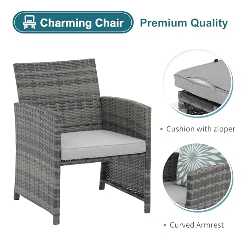 6 Piece Patio Furniture Conversation Set with Ottoman, Outdoor Grey Wicker Chair and Table Set, Balcony Furniture for Apartments, Light Grey
