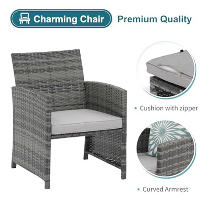 6 Piece Patio Furniture Conversation Set with Ottoman, Outdoor Grey Wicker Chair and Table Set, Balcony Furniture for Apartments, Light Grey