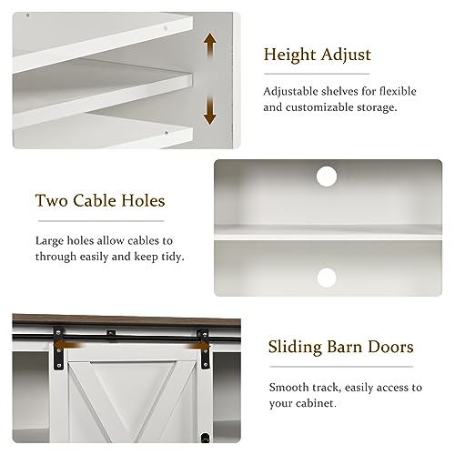 TV Stand for 65 Inch TV for Living Room, Modern Farmhouse Barn Door TV Stand with Storage Cabinets and Adjustable Shelves for Bedroom, Media Entertainment Center TV Console Table, White