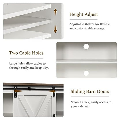 TV Stand for 65 Inch TV for Living Room, Modern Farmhouse Barn Door TV Stand with Storage Cabinets and Adjustable Shelves for Bedroom, Media Entertainment Center TV Console Table, White