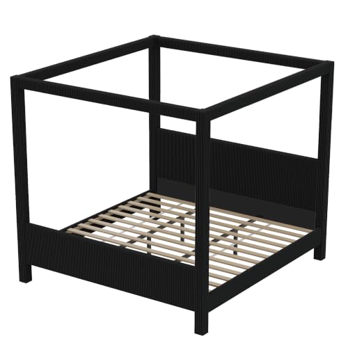 King Canopy Bed Frame with Upholstered Headboard and Footboard Black, view 8