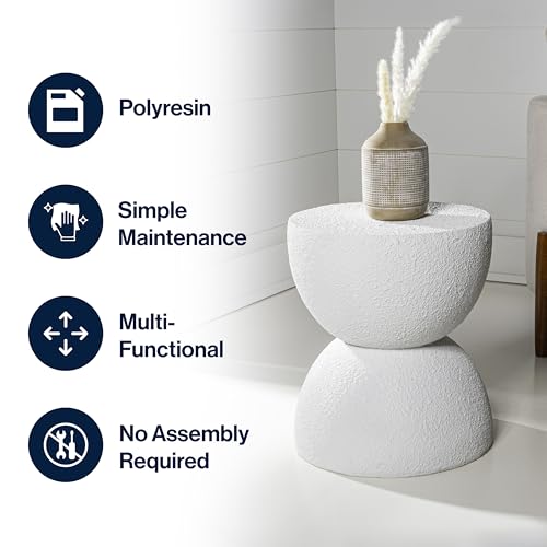 Greta 18" Hourglass Side Table, White Frosted | Indoor/Outdoor, Textured Polyresin Finish, All-Weather Modern Drink Stand, Plant Pot Pedestal, No Assembly Required