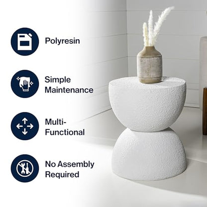 Greta 18" Hourglass Side Table, White Frosted | Indoor/Outdoor, Textured Polyresin Finish, All-Weather Modern Drink Stand, Plant Pot Pedestal, No Assembly Required