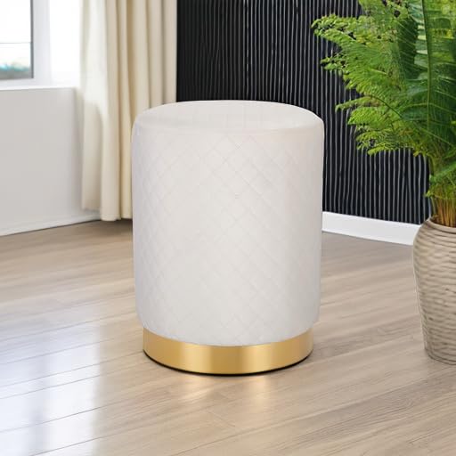 Velvet Round Ottoman Foot Stool with Lattice Design and Gold Trim - Soft, Padded Foot Rest for Living Room or Bedroom – Decorative Foot Ottoman for Chair, Rocking Chair or Couch (Cream)