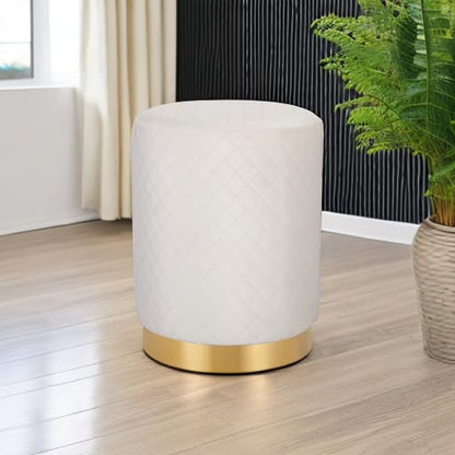 Velvet Round Ottoman Foot Stool with Lattice Design and Gold Trim - Soft, Padded Foot Rest for Living Room or Bedroom – Decorative Foot Ottoman for Chair, Rocking Chair or Couch (Cream)