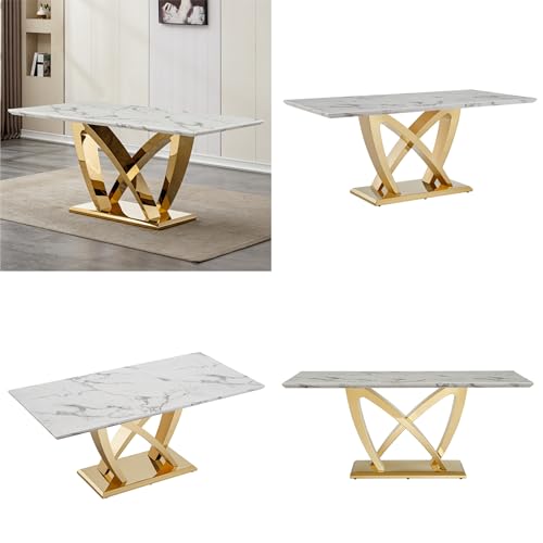 Marble Dining Table for 6 People, 70'' Rectangle Faux Marble Dining Table with Mirrored Stainless Steel Base, Large Size Marble Kitchen Table (Gold,White)(only Table)