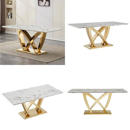 Marble Dining Table for 6 People, 70'' Rectangle Faux Marble Dining Table with Mirrored Stainless Steel Base, Large Size Marble Kitchen Table (Gold,White)(only Table)
