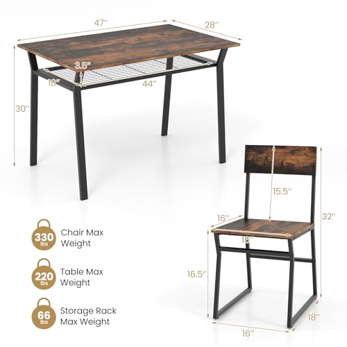 Dining Table Set for 4, Kitchen Table and Chairs for 4 with Storage Rack, Space-Saving Dinette Set for Kitchen Dining Room (Rustic Brown)