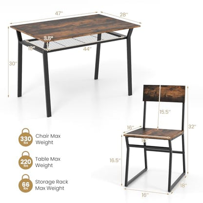 Dining Table Set for 4, Kitchen Table and Chairs for 4 with Storage Rack, Space-Saving Dinette Set for Kitchen Dining Room (Rustic Brown)