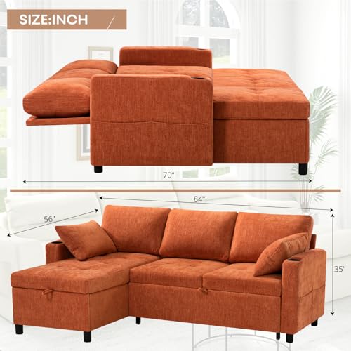 84" L-Shape Pull Out Sofa with 2 Storage Chaise, Orange | Chenille Sectional Sleeper Sofa w/Adjustable Backrest, Upholstered Reversible Couch Bed w/USB Port for Living Room, House