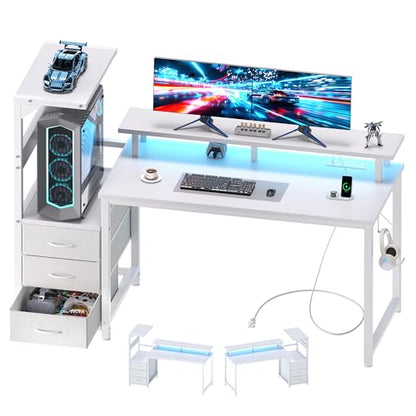 L Shaped Gaming Desk with Shelves Storage Drawers 52'', White Computer Desks with LED Lights Power Outlets, Office Wood Table with PC Stand Cable Management for Bedroom Dual Monitor Streaming
