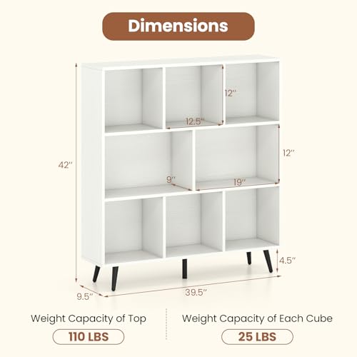 8-Cube Bookcase, 3-Tier Modern Bookshelf with 5 Metal Legs, 39.5" Freestanding Open Storage Organizer with 2 Anti-tip Devices, Mid-Century Display Rack for Living Room (39.5" x 9.5" x 42")