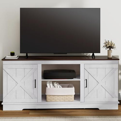 Farmhouse TV Stand for TVs up to 65, Double Barn Doors, Grey White, view 4