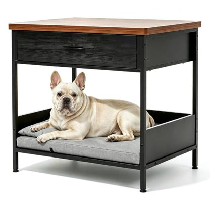 Dog Bed End Table with Storage Drawer and Washable Cushion, Black & Walnut, view 2