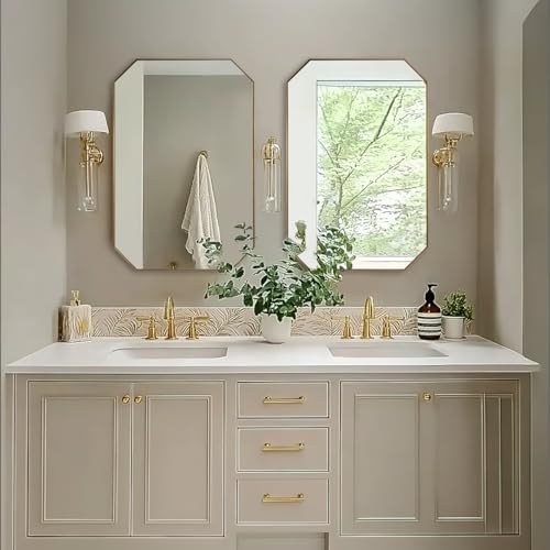 Gold Octagon Bathroom Mirror, 24x36 Inch Stainless Steel Metal Frame, Anti-Rust, Shatterproof HD Glass, Wall Mounted for Bathroom, Bedroom, Living Room
