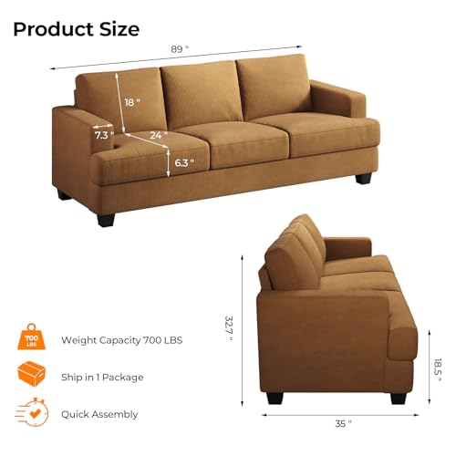 89 Inch Sofa with Extra Deep Seats Oversize, 3 Seater Sofa for Living Room, Modern Couch and Sofa, Comfy Armrests and Seats and Backrests, Easy Installation, Corduroy Fabric Ginger Yellow