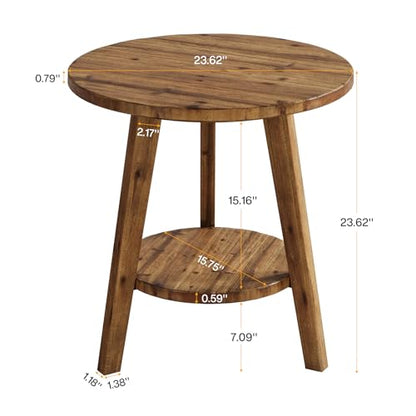 Tribesigns Solid Wood Round Side Table Set of 2, 2-Tier Farmhouse End Table with Storage Shelf, Nightstand for Living Room, Bedroom, Easy Assembly (2, Brown)