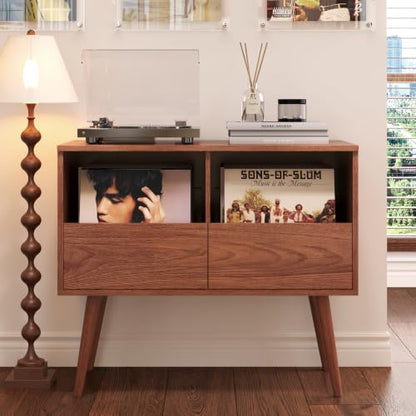 Mid Century Modern Record Player Stand with Vinyl Storage, Brown, view 2
