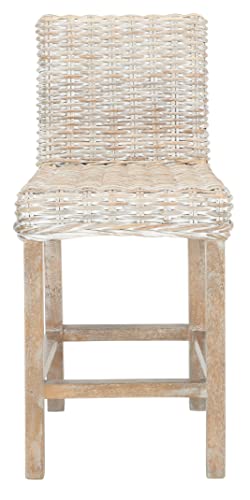 Furniture - Tobie Rattan Counter Stool - 23.62" Seat Height - Grey White-Wash - Wood - Coastal Rattan-Seat Design - Ideal for Kitchen, Bar Area, Dining Room - Fully Assembled (BST6501B)