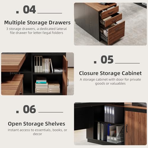 Executive L-Shaped Desk with Storage Cabinet 78-Inch, Brown Black, view 7