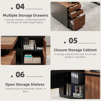 Executive L-Shaped Desk with Storage Cabinet 78-Inch, Brown Black, view 7