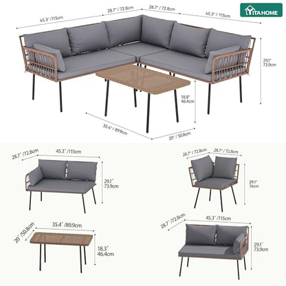 4-Piece Wicker Patio Furniture Set, All Weather PE Rattan Conversation Set Sectional Sofa with Soft Cushions & Side Table, Porch Furniture for Deck, Balcony, Backyard - Gray