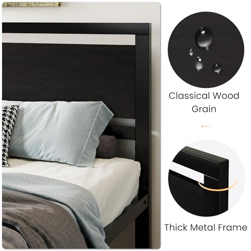 Heavy Duty King Size Bed Frame with Modern Headboard, Black, view 4
