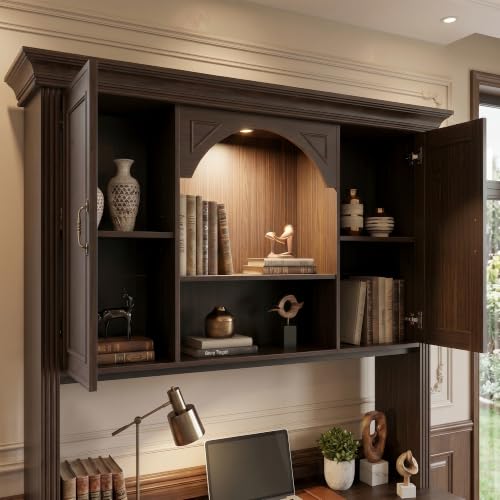 Lighted Writing Desk with Hutch and Drawers, 62" W x 82.7" H, Brown, view 6