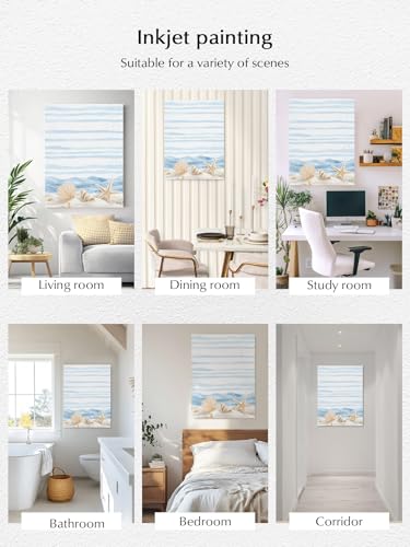 NuYeBiofx Summer Beach Shell Starfish Conch Canvas Wall Art Prints,30"x20" Framed Picture Artwork Seaside Ocean Wave Blue Line Printed Canvas Oil Painting for Living Room Bedroom Office,Ready to Hang