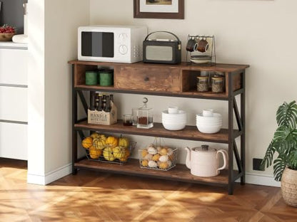 Console Table with Drawer Shelves, Entryway Table with 3 Tier Storage Shelves, Industrial Wood Hallway Sofa Table for Living Room, Couch, Foyer, Kitchen Counter, 47 Inch Rustic Brown