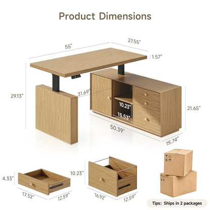 55" L Shaped Standing Desk w/File Cabinet, Sit Up Desk, Oak Brown, view 3