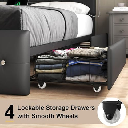 Full Bed Frames with Headboard - Upholstered Leather Bed Frame, Adjustable Headboard 2 Storage Drawers 12 Metal Slats, Noise-Free, Easy Assembly No Box Spring Needed Black