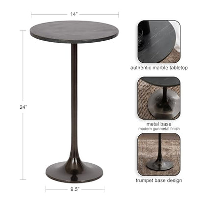 Baronet Glam Marble Round Side Table; 14 x 14 x 24; Black Marble and Gray Gunmetal; Marble Top Circle End Table for Use as a Bedroom Nightstand or Living Room Plant Stand Option
