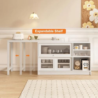 47" Large Buffet Sideboard Cabinet Extendable Wood Kitchen Storage Cabinet with 3 Doors, Foldable Dining Table with Extension Leaves, White (White)