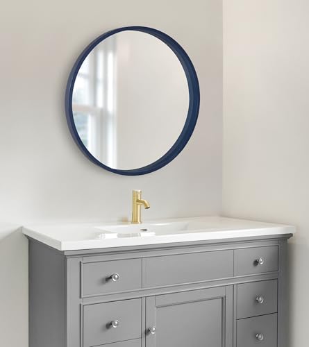 Travis Round Wood Wall Mirror, 25.6" Diameter, Navy Blue, Modern Wall Décor Accent