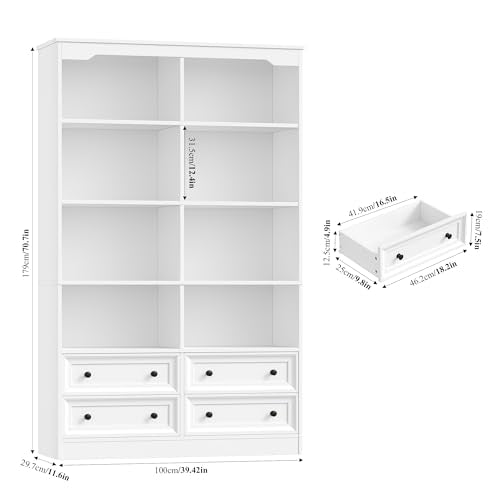 71" Tall Bookshelf with 4 Drawers, 6-Tier Double Wide Bookshelves and Bookcases with Storage, White Bookshelf Large Open Bookshelves Standing Book Cabinet for Home Office, White