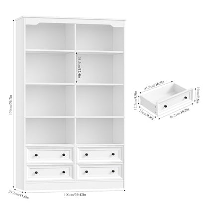 71" Tall Bookshelf with 4 Drawers, 6-Tier Double Wide Bookshelves and Bookcases with Storage, White Bookshelf Large Open Bookshelves Standing Book Cabinet for Home Office, White