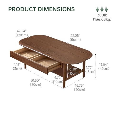 100% Solid Oak Wood Coffee Table with Storage for Living Room, 47.24"W, view 3