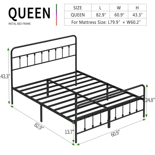 Queen Size Metal Bed Frame with Headboard and Footboard,Black, view 3