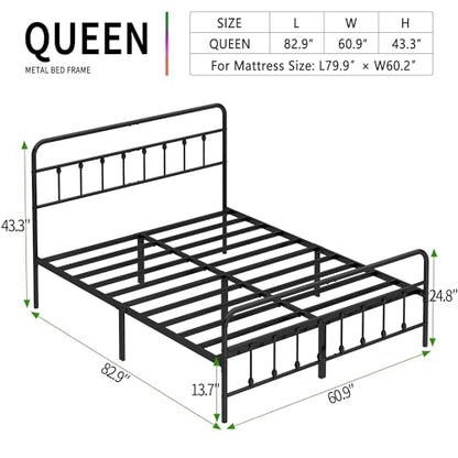 Queen Size Metal Bed Frame with Headboard and Footboard,Black, view 3