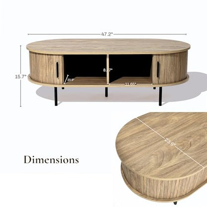 LuxenHome 47" Oval Coffee Table with Storage and Sliding Door | mid century modern style, fluted sliding door, hidden storage space, metal legs