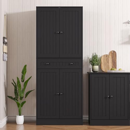 Kitchen Pantry Storage Cabinet, 71" H Farmhouse Pantry Cabinet with 4 Doors & Drawer, Freestanding Cupboard with Adjustable Shelves, Rustic Wood Cupboard for Kitchen, Dining Room, Black